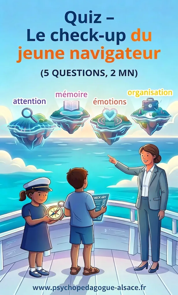 Image représentant une psychopédagogue qui accompagne deux enfants dans la gestion de l'attention, de la mémoire, des émotions et de l'oganisation. Cette image comporte un lien qui permet d'accéder à un quiz ludique pour évaluer le fonctionnement cognitif et adaptif d'un enfant.